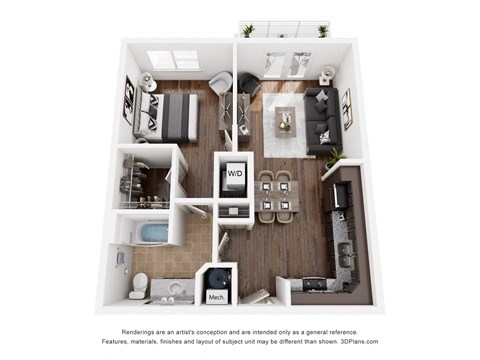 Floor plan for 1 bed, 1 bath, 701 sqft